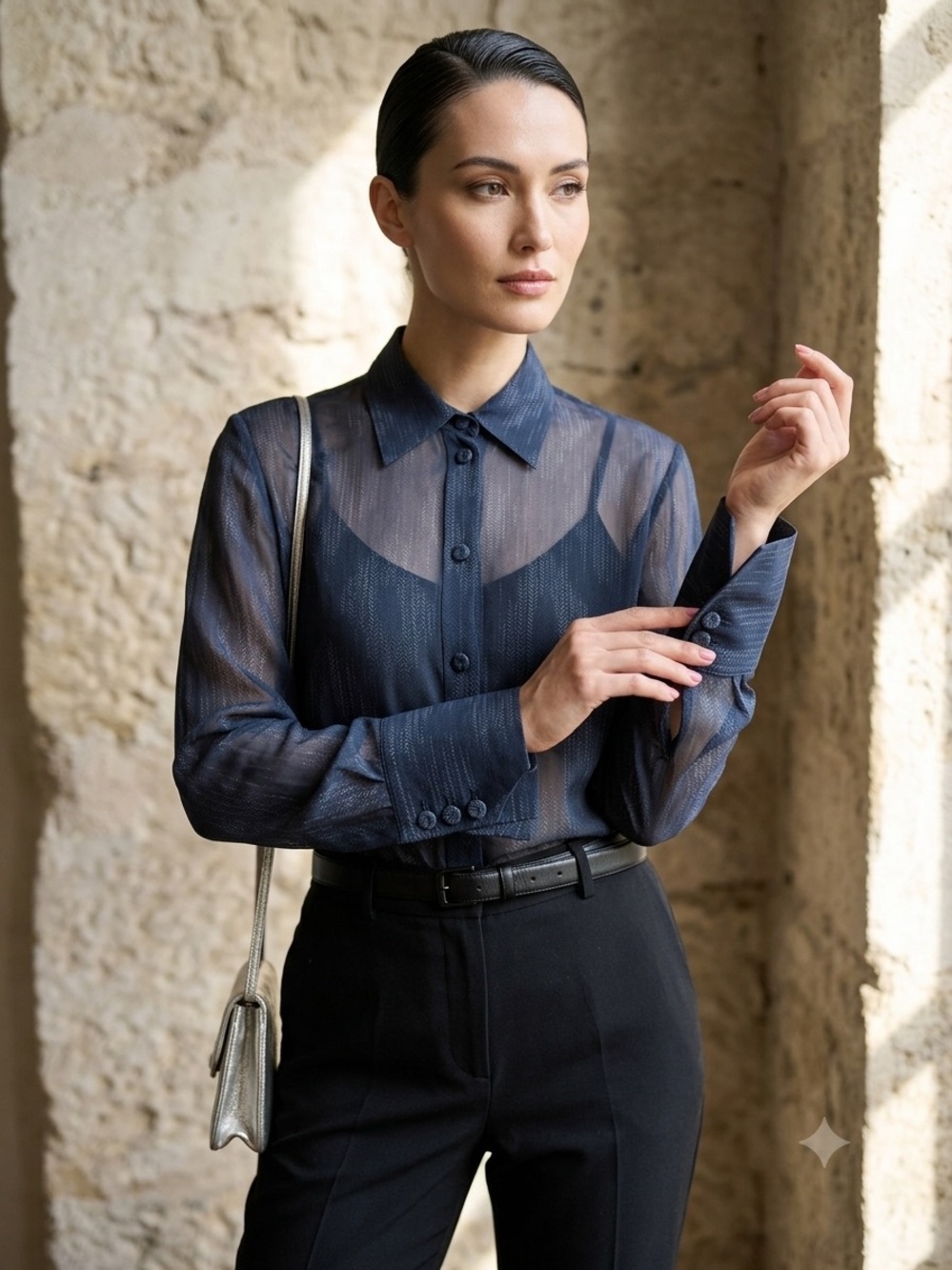 Vintage Luxury Designer Gianfranco Ferre Sheer Silk‎ Chiffon Blouse Black M